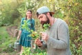 Grafting branch. Lifestyle and family life. Wife and husband planting in the vegetable garden. Couple of farmers