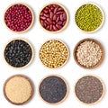 Collection of mix bean  red kidney, green mung, black bean, soy beans, sesame, chia seed and millet Royalty Free Stock Photo
