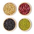 Collection of mix bean  red kidney, green mung, black bean, soy beans  in wooden bowl isolated on white background. Royalty Free Stock Photo