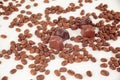 Grain black coffee and chocolate candy on a white background Royalty Free Stock Photo