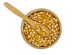 grain corn in wooden bowl with spoon isolated on a white background Royalty Free Stock Photo