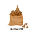 Bag of buckwheat cereals, wooden spoon, agricultural crop, organic food.