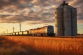 grain elevator with a train passing by, emphasizing transportation