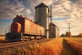 grain elevator with a train passing by, emphasizing transportation