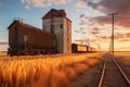 grain elevator with train tracks and carriages