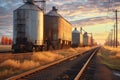 grain elevators with train tracks and freight cars