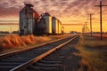 grain elevators with train tracks and freight cars Royalty Free Stock Photo