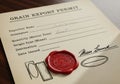Grain export permit document with handwritten entries for exporter and consignee names. Specifies Royalty Free Stock Photo