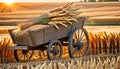 Grain field harvest time wooden cart sunset