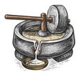 Manual old millstone. Grain grinding equipment. Vector illustration