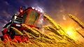 grain harvester on wheat field on sundown , fictional design design industrial 3D rendering