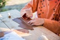 Grain leather. Shoemaker performs shoes in the studio craft