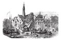 Grain market and Saint-Bavochurch docks, in Haarlem, Netherlands vintage engraving