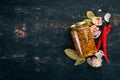 Grain Mustard. Spices On a white wooden background. Royalty Free Stock Photo