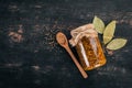 Grain Mustard. Spices On a white wooden background. Royalty Free Stock Photo