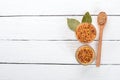 Grain Mustard. Spices On a white wooden background. Royalty Free Stock Photo