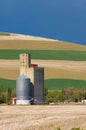 Grain silo and elevator in field