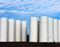 Grain Silos in Southeastern Washington under a blue sky with clouds