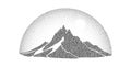 Grain stippled mountain range. Dotted landscape terrain silhouette. Black white grainy hill chain. Grunge noise nature