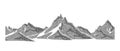 Grain stippled mountain range illustration. Dotted landscape terrain silhouette. Black white grainy hill chain. Grunge Royalty Free Stock Photo