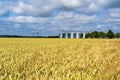 Grain storage silos system, behind a wheat field Royalty Free Stock Photo