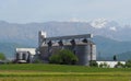 Grain storage silos system with drying tower in front of a green field in springtime. Royalty Free Stock Photo