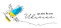 Grain from Ukraine concept. Great tit bird vector pattern in blue and yellow colors with wheatear. One continuous line