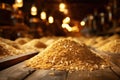 Grain warehouse. Heaps of grain on a wooden floor. Golden grain. Harvest concept