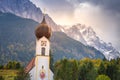 Grainau Church at golden autumn and Zugspitze, Garmisch Partenkirchen, Germany