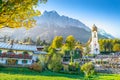 Grainau Church at golden autumn and Zugspitze, Garmisch Partenkirchen, Germany