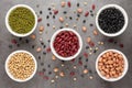 Grains or beans, red bean, black bean, green bean, soybean, peanut in the white bowl. Royalty Free Stock Photo