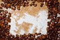 Grains of black coffee lying on a rough canvas. Background for coffee drinks Royalty Free Stock Photo