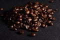 Grains of coffee on a black background. Macro shot