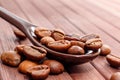 Grains of coffee close-up. Coffee beans are located on a spoon a