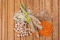 Grains of rice, lentils, buckwheats and chickpeas with wheat ears