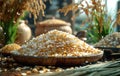 Grains and rice in wooden bowl Royalty Free Stock Photo