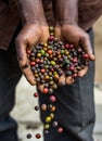 Grains of ripe coffee in the handbreadths of a person. East Africa. Coffee plantation.