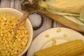 Grains of sweet corn in a plate with a wooden spoon, coarse salt and ears of corn on the table. Healthy diet. Fitness diet. For a Royalty Free Stock Photo