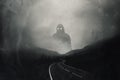 A grainy horror concept, of a giant hooded figure with glowing eyes standing above a mountain road. With an abstract blurred edit