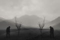 A grainy horror concept, of a hooded figure standing by a tree and mountain. With an abstract blurred edit