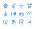 Grammar, education flat line icons set. Parts of speech verb, preposition, pronoun, adjective, interjection vector