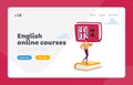 Grammar Test, Foreign Language Landing Page Template. Student or Teacher Holding Huge English Language Dictionary