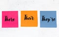 Grammar of there, their, they`re on three sticky notes