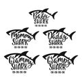 Grammy, grampy, mommy, daddy, baby sharks. Hand drawn typography phrases with shark silhouettes. Family collection