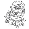 Gramophone. Ancient musical instrument. Vintage household items. Cartoon drawing for gaming mobile applications