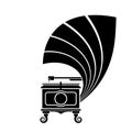 A gramophone icon is an old type of record player. Classical musical box. Antique phonograph on white background