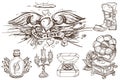 Gramophone, shoes, candlestick, a compass and a heart with wings. A set of outline illustrations with sketches of tattoos