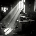 Gramophone on table near window with sunbeams in a dark room Royalty Free Stock Photo