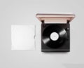 Gramophone vinyl player and record cover sleeve mockup, top view Royalty Free Stock Photo