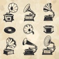 Gramophones collection. Vintage radio music symbols vinyl records vector pictures set